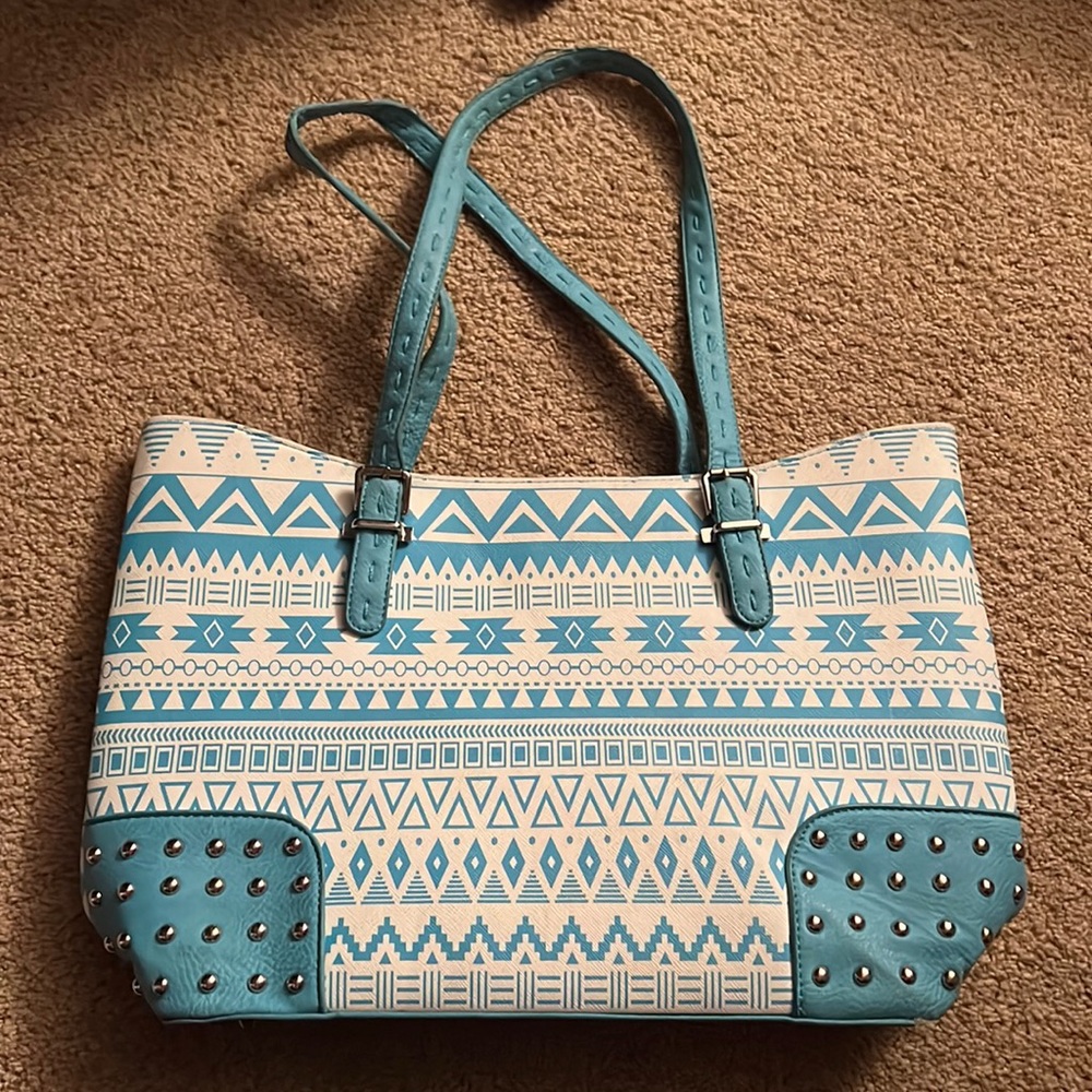 Light blue Aztec print handbag, laptop bag